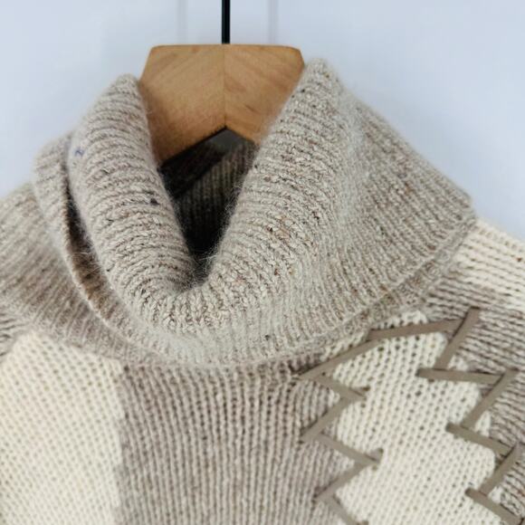 Vintage I.B. Diffusion Fringe Turtleneck Sweater Taupe Cream Silk Angora Size M - Picture 2 of 7